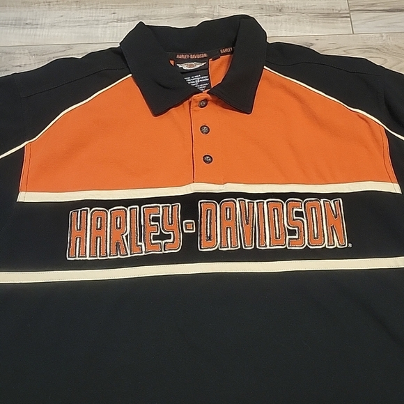 Harley Davidson Shirt Mens Large Orange Black Embroidered Double Sided - Picture 1 of 12